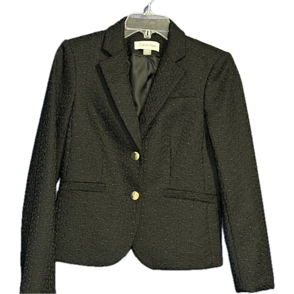 NWOT Womens Calvin Klein Black GOLD BUTTON jacket blazer Sz 2 Applique